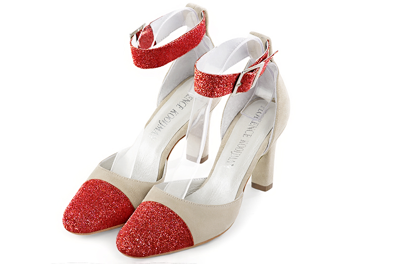 Scarlet red and champagne white women's open side shoes, with a strap around the ankle. Round toe. High kitten heels. Front view - Florence KOOIJMAN